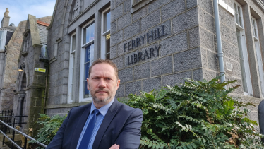 Douglas Lumsden MSP outside Ferryhill Library